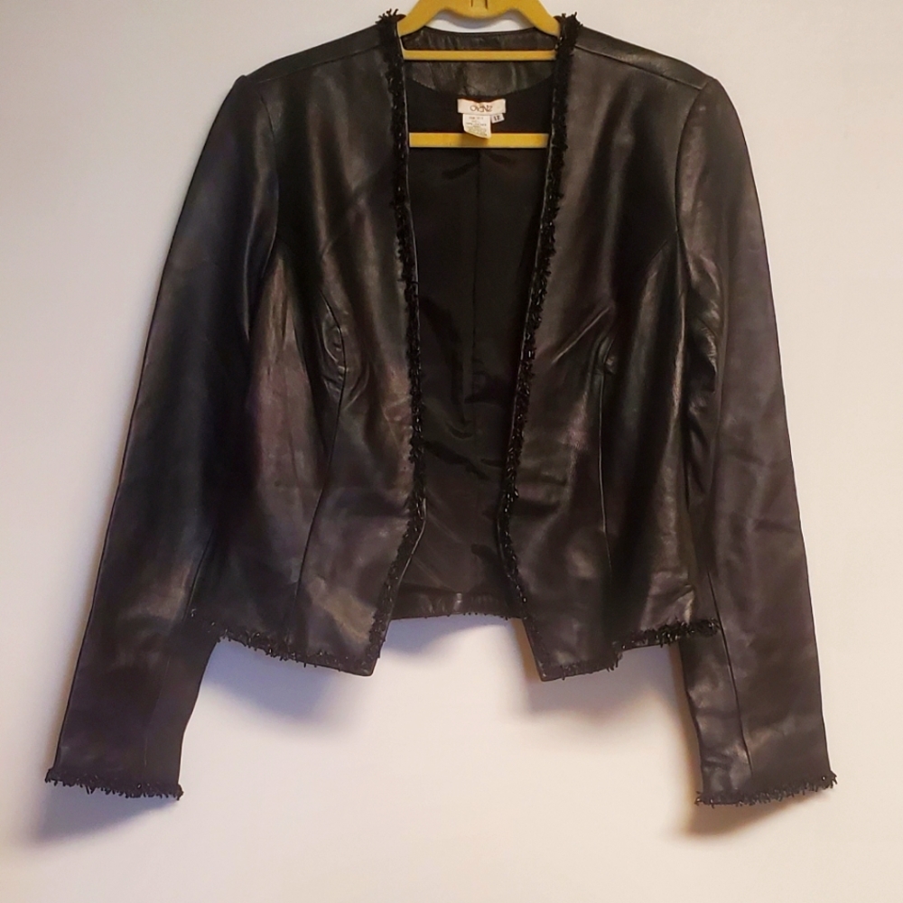 Cache Black Leather Jacket with Beaded Trim